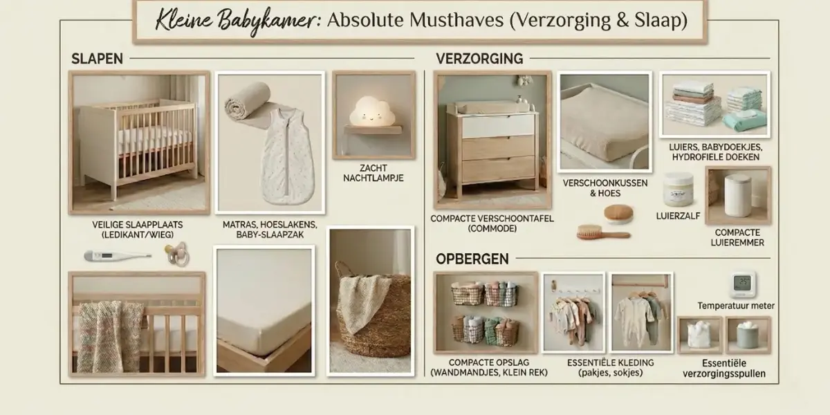 moodboard met tips en musthaves voor het inrichten van een kleine babykamer